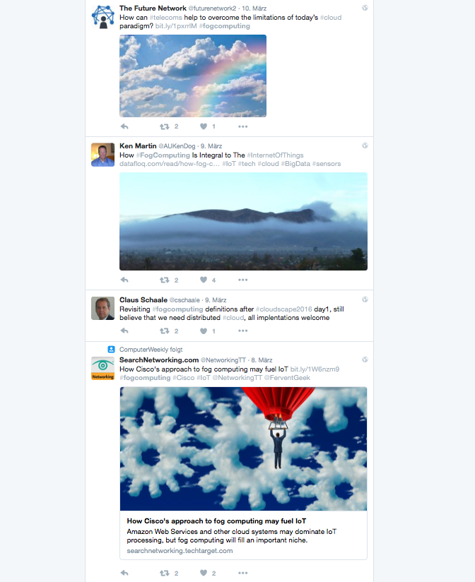 Klares Marktthema - das denkt die IT-Welt über den Fog. Quelle: #fogcomputing via Twitter.