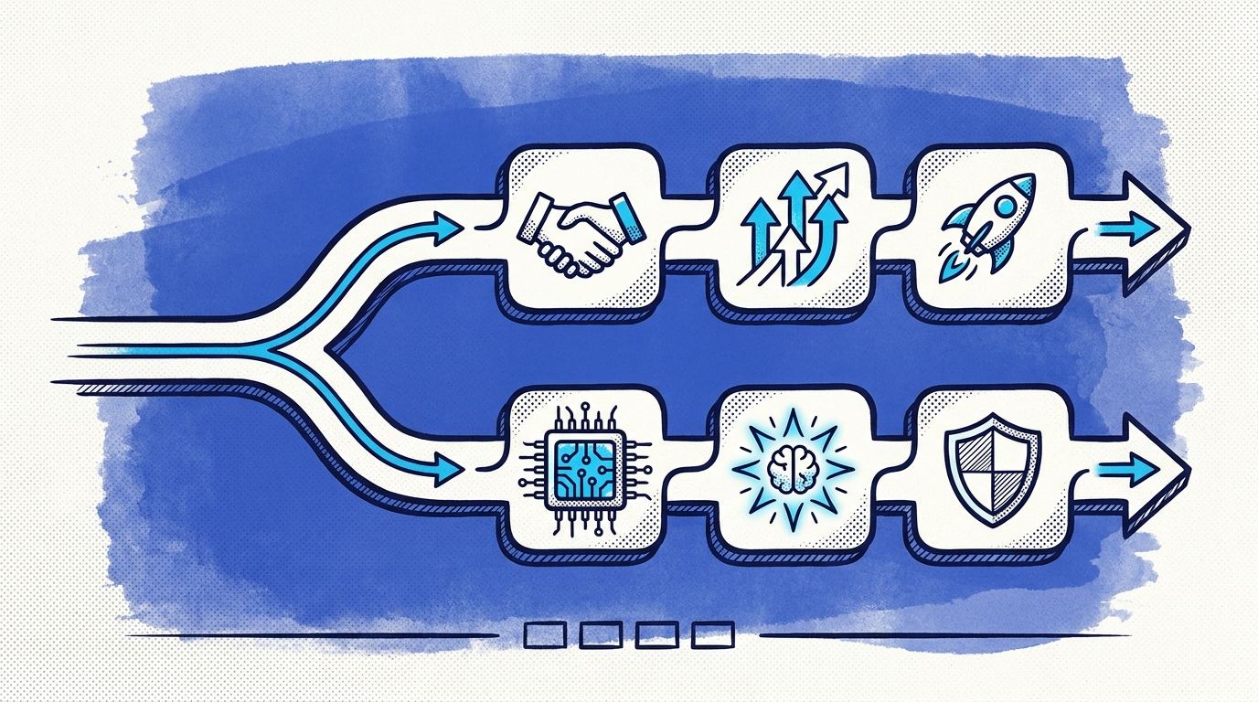 KI-generierte Infografik: ein Weg teilt sich in die Tracks Channel Insights und Technology Trends